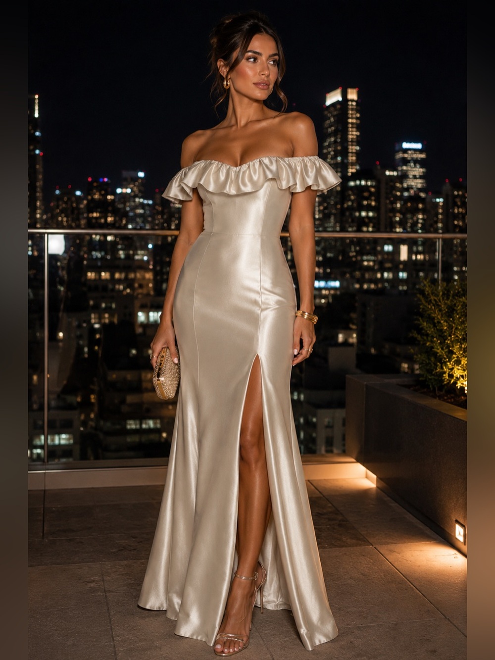 Alfred Sung Off the Shoulder Ruffle Neck Satin Trumpet Gown in Champagne - Picture 2 of 15